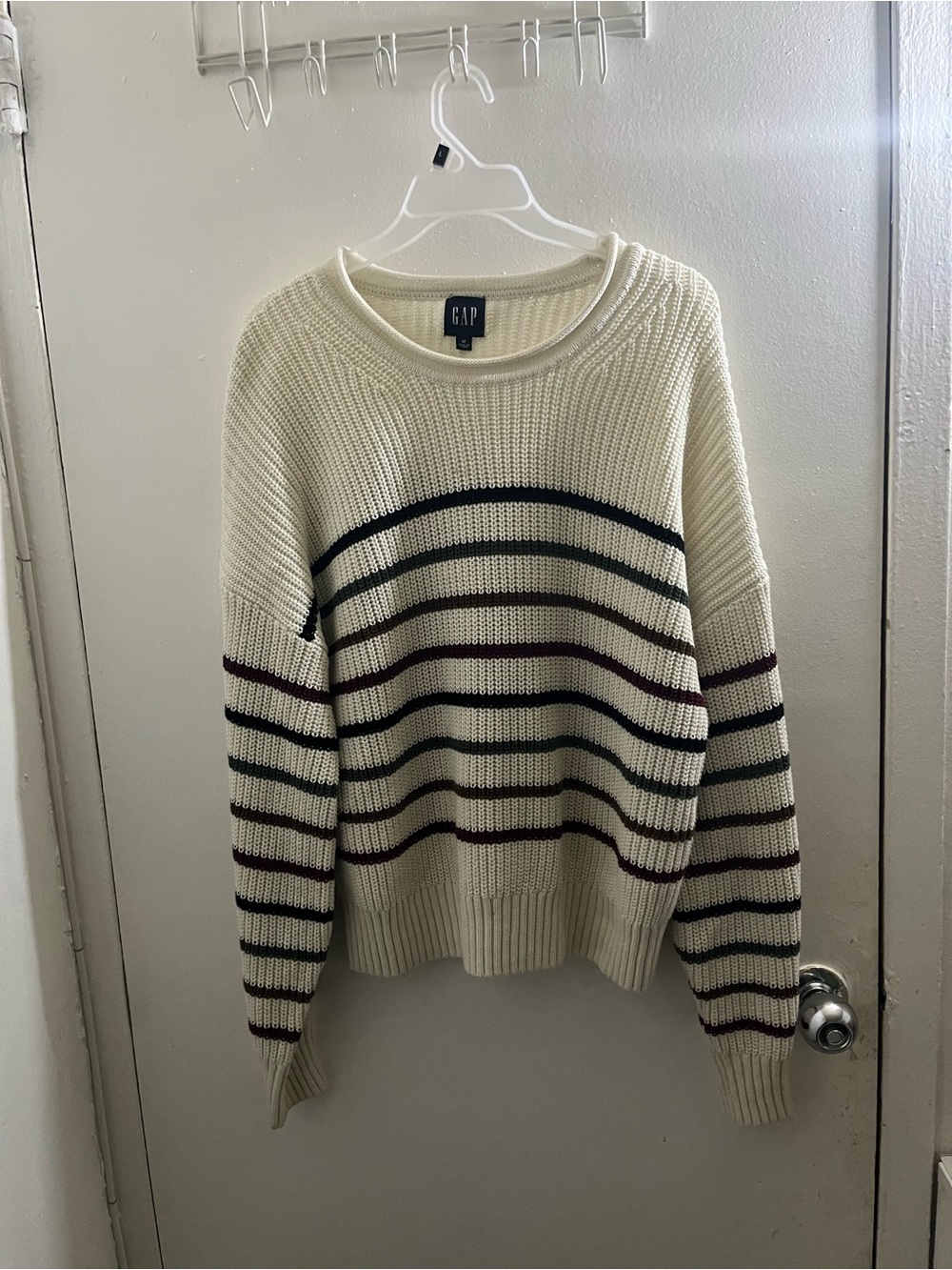 GAP Cream Crewneck Sweater with Navy and Burgundy Stripes - Picture 1 of 6